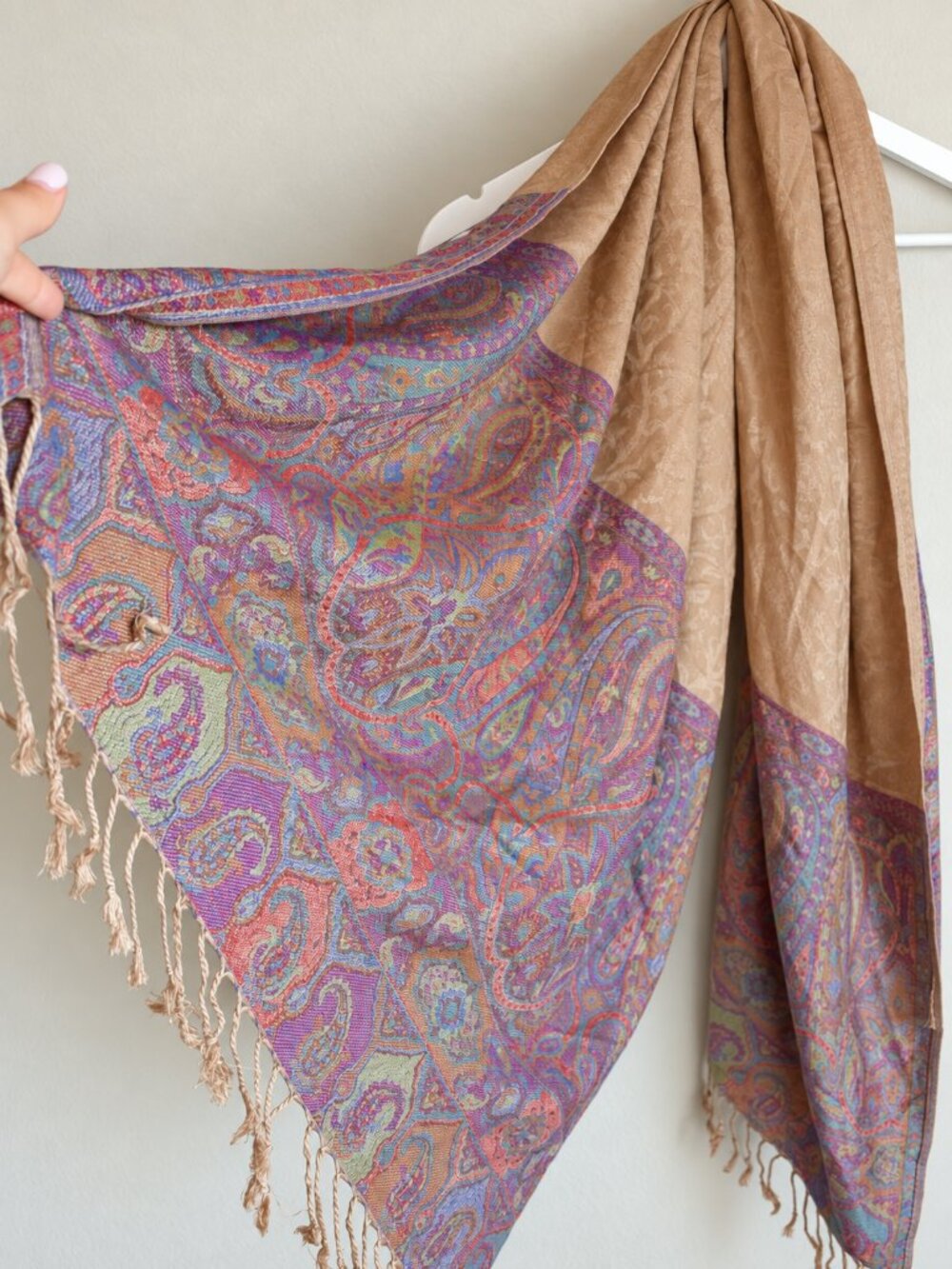Made in Italy Tan Multicolor Paisley Fringe Pashmina Scarf Shawl